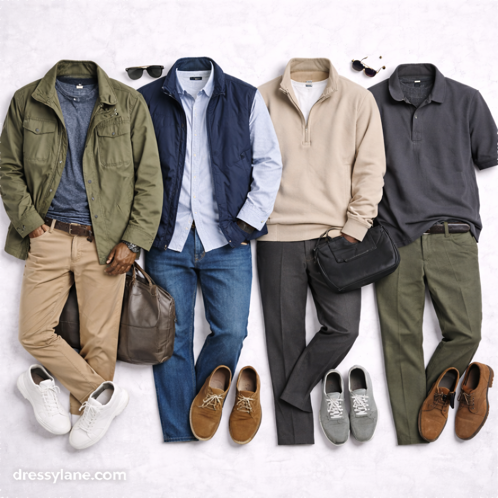 Flat lay of men’s versatile travel outfits designed for rewearing, including jackets, shirts, full-length pants, shoes, and coordinated accessories.