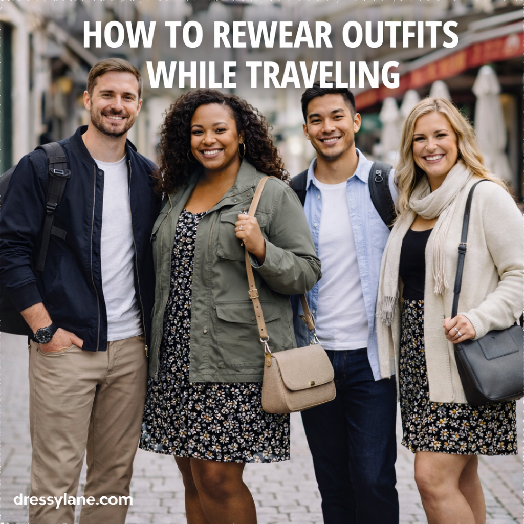 Diverse group of travelers wearing versatile, repeatable outfits while exploring a city, demonstrating smart travel outfit rewearing.