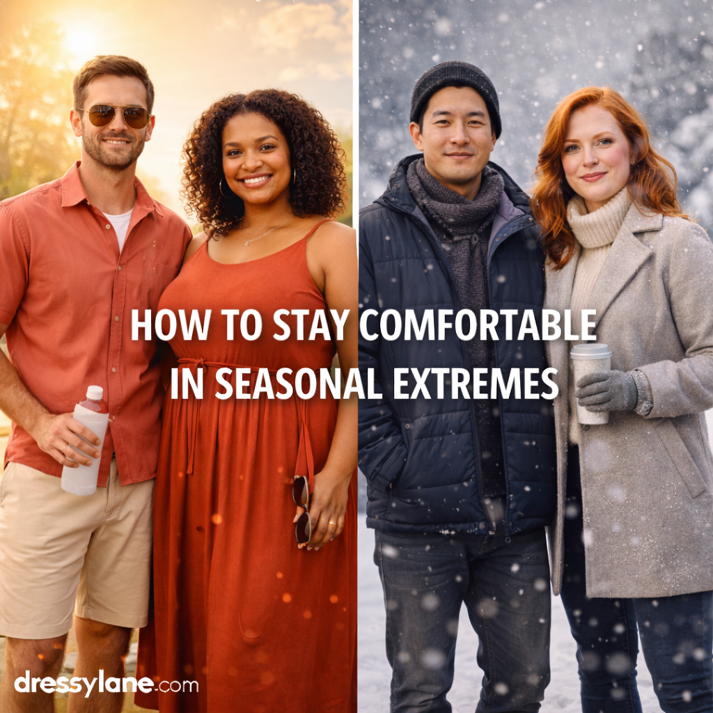 Group of men and women dressed for hot and cold weather, including a curvy woman, illustrating how to stay comfortable in seasonal extremes with appropriate clothing choices.