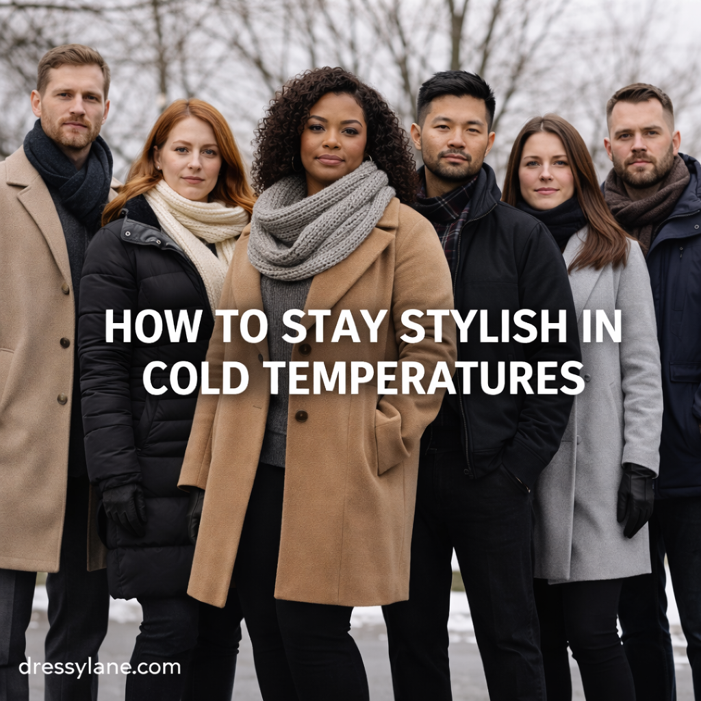 Group of men and women wearing layered winter outfits outdoors, featuring a confident curvy woman in a stylish wool coat and scarf.