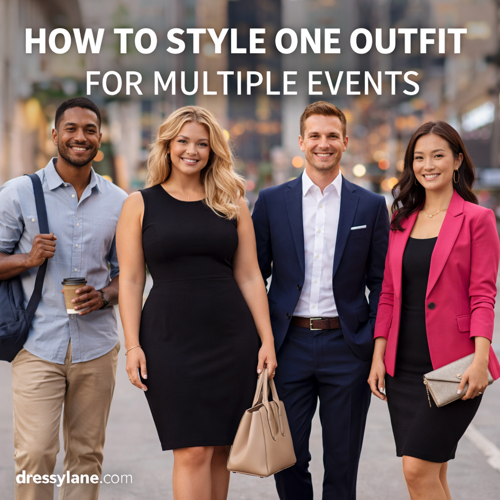 A diverse group of men and women wearing polished outfits styled to work for multiple social events, standing together in an urban setting.