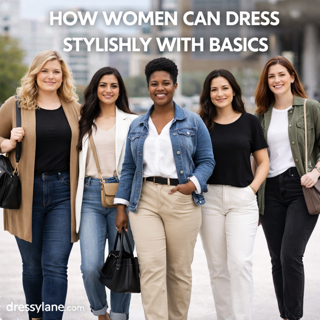Group of women wearing stylish everyday outfits made from basic wardrobe pieces, showing how women can dress stylishly with simple essentials.