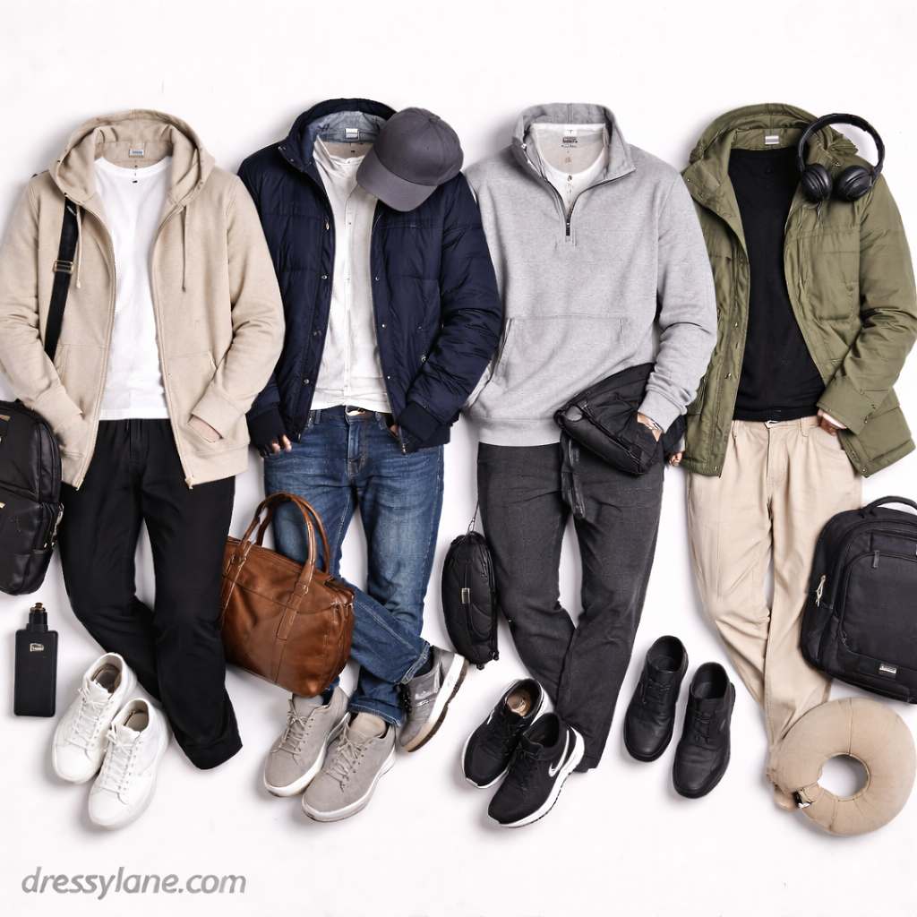 Flat lay of men’s airport outfits featuring hoodies, jackets, travel pants, sneakers, backpacks, and practical travel accessories.