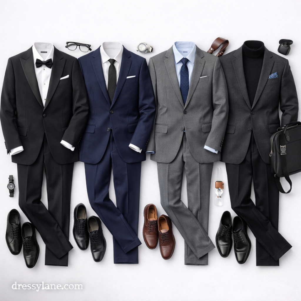 Flat lay of men’s formal awards ceremony outfits featuring tuxedos, tailored suits, dress shoes, and refined accessories.