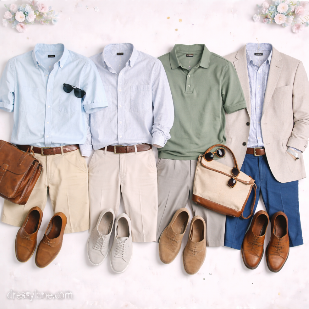 Flat lay of men’s baby shower outfits featuring button-down shirts, polos, chinos, loafers, casual shoes, and coordinating accessories.