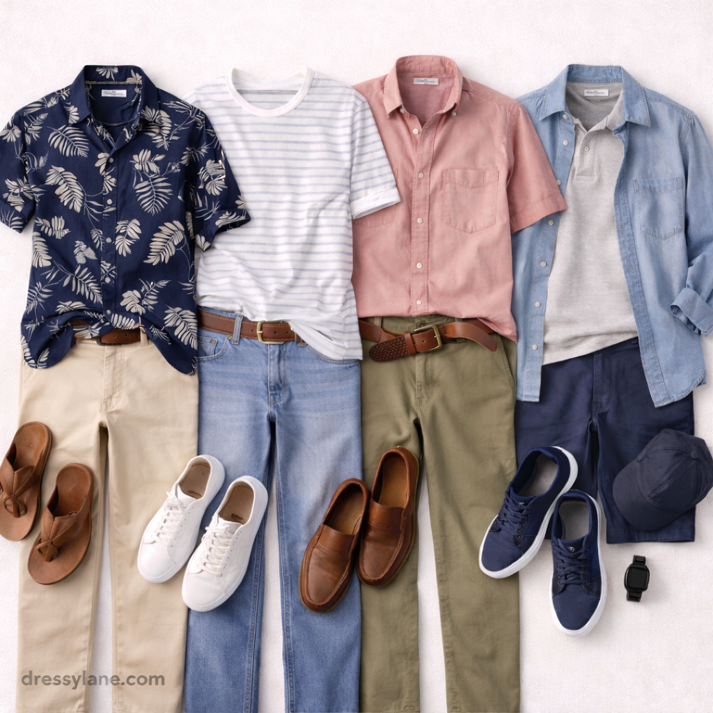 Flat lay of men’s casual barbecue outfits arranged neatly, featuring shirts, footwear, accessories, and a mix of relaxed summer styles.