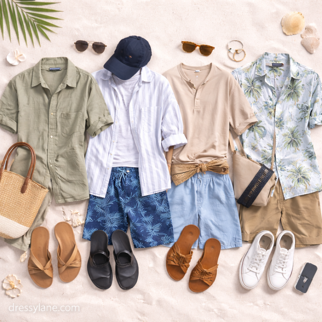 Flat lay of men’s beach vacation outfits featuring lightweight shirts, shorts, sandals, sneakers, sunglasses, hats, and summer accessories.