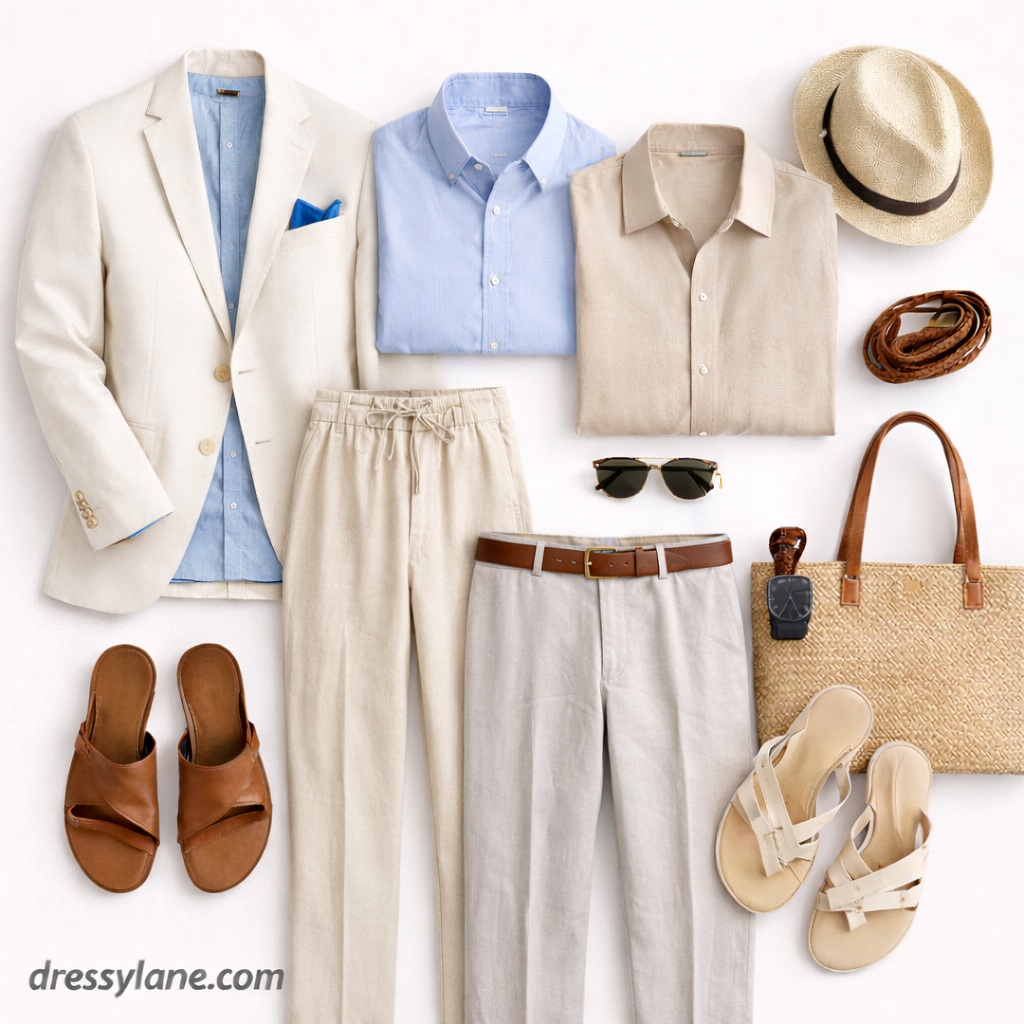 Flat lay of men’s beach wedding attire featuring full-length linen dress trousers, lightweight shirts, a linen blazer, leather sandals, and accessories.