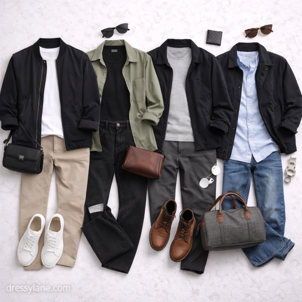 Flat lay of men’s outfits featuring black jackets, black shirts, black trousers, and coordinated accessories styled in modern black-based looks.