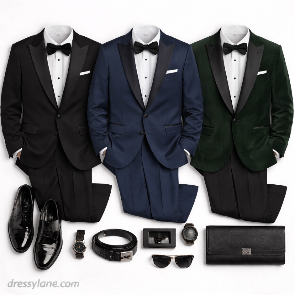 Flat lay of men’s black tie wedding attire featuring tuxedo jackets, dress shirts, bow ties, polished dress shoes, and formal accessories.