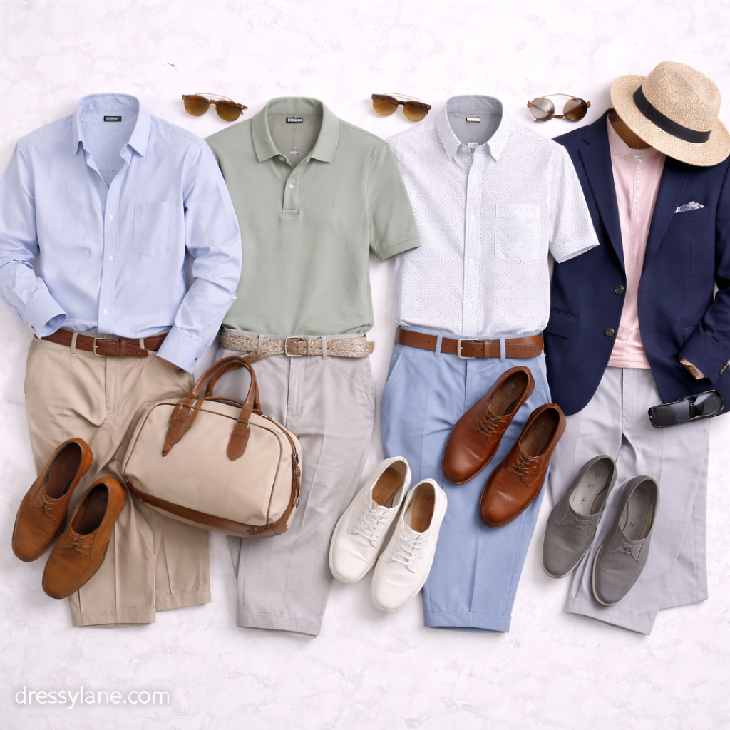 Flat lay of men’s bridal shower outfits featuring button-down shirts, polos, chinos, blazers, dress shoes, sneakers, and coordinating accessories.