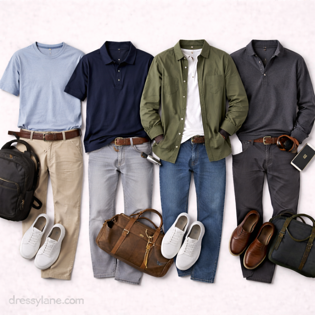 Flat lay of men’s wardrobe basics including neutral t-shirts, polos, button-downs, jeans, trousers, casual shoes, belts, and everyday accessories.
