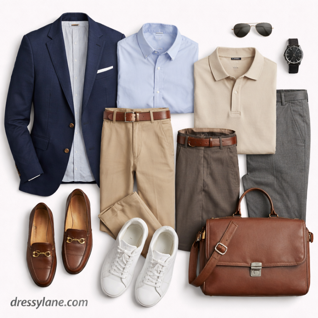 Flat lay of men’s business casual clothing including blazer, button-down shirt, polo, chinos, trousers, loafers, sneakers, and leather briefcase.