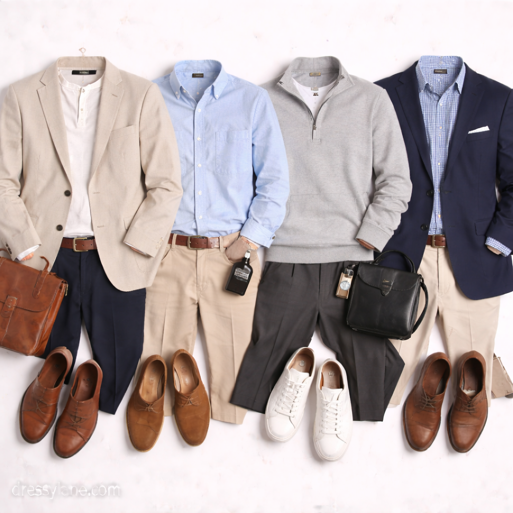 Flat lay of men’s business casual outfits featuring blazers, button-down shirts, chinos, dress shoes, sneakers, and professional accessories.