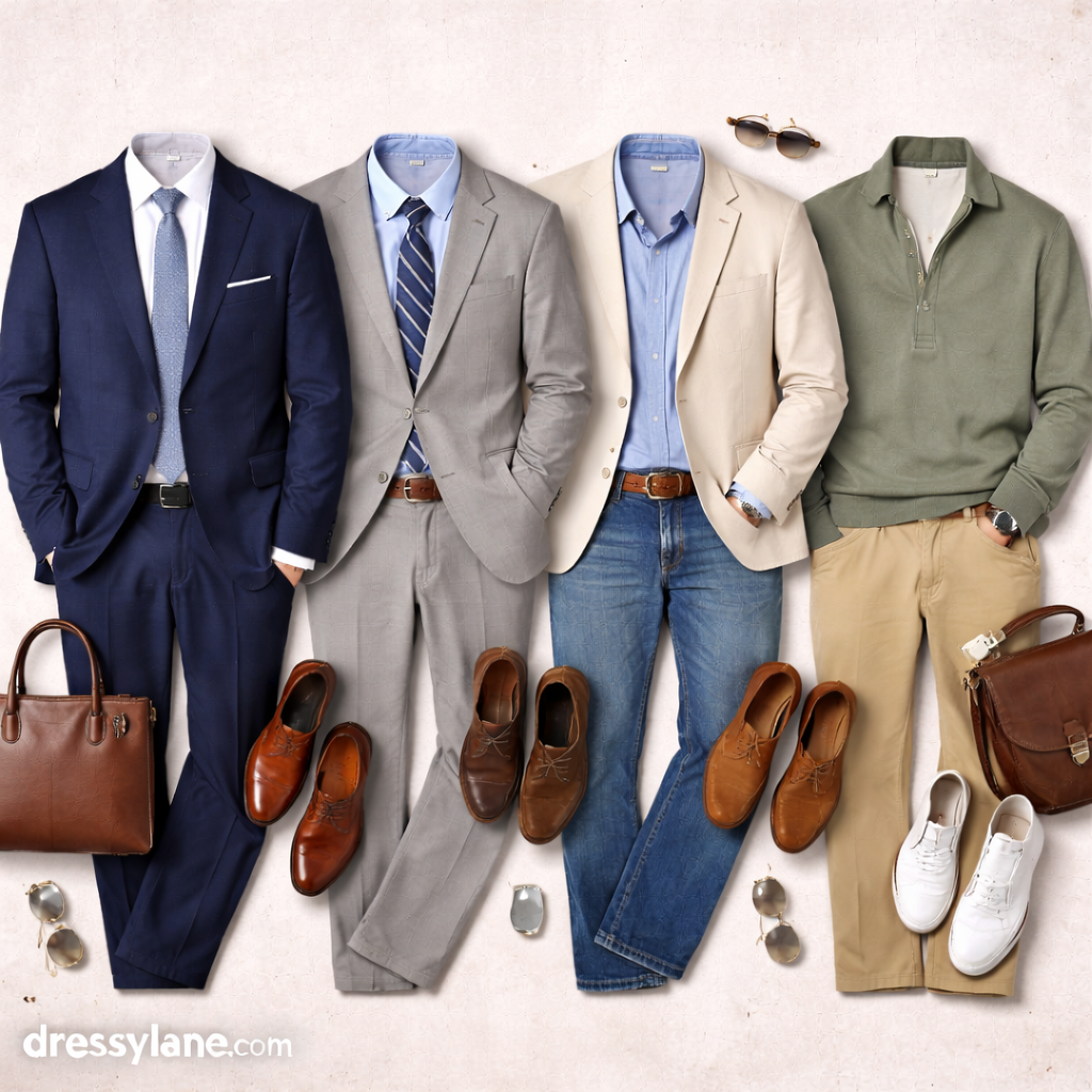 Flat lay of men’s business formal and business casual outfits featuring suits, blazers, shirts, pants, shoes, and work accessories.