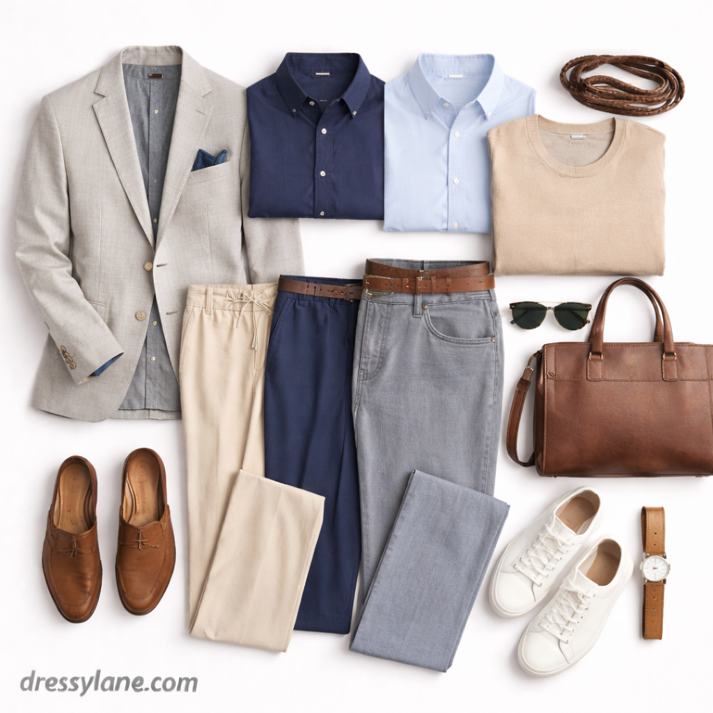 Flat lay of men’s casual interview outfits including blazer, button-down shirts, chinos, jeans, loafers, sneakers, and professional accessories.