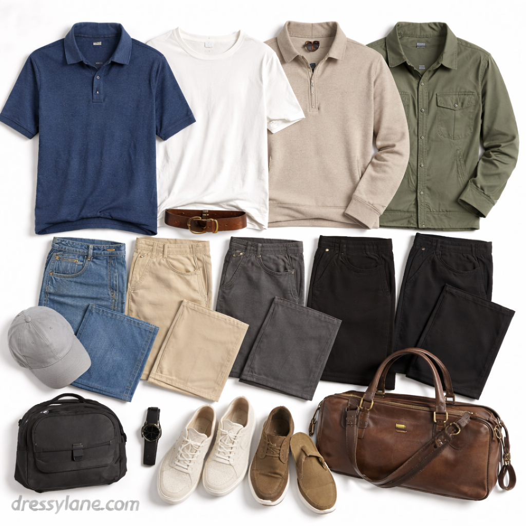 Flat lay of men’s casual outfits featuring polo shirt, T-shirt, pullover, jacket, jeans, chinos, sneakers, loafers, and everyday accessories.
