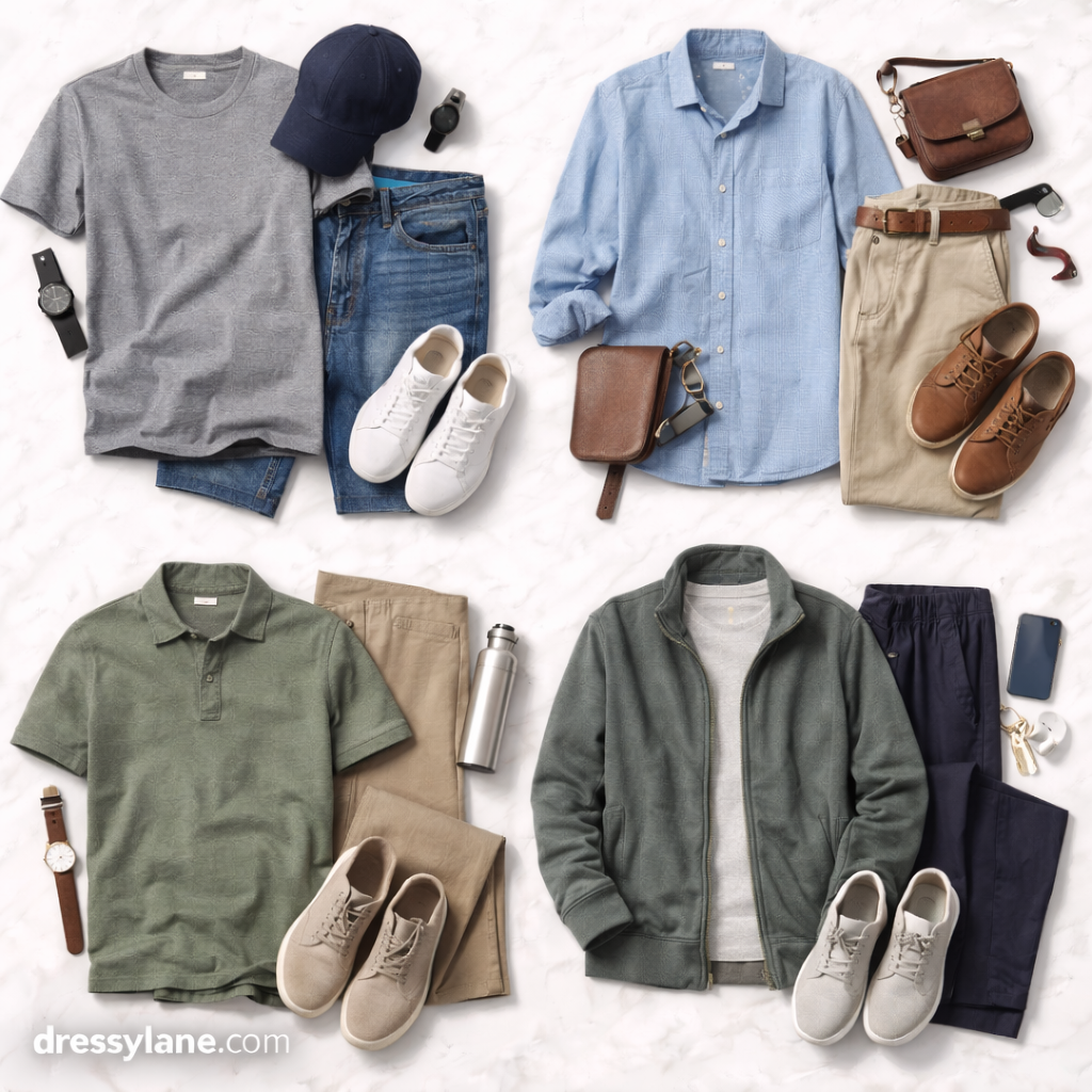 Flat lay of men’s casual social outfits featuring t-shirts, button-down shirts, trousers, jackets, shoes, and accessories arranged neatly on a light background.
