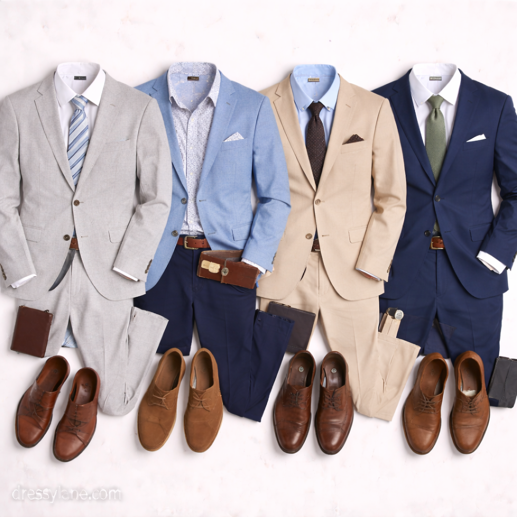 Flat lay of men’s church wedding guest outfits featuring tailored suits, dress shirts, ties, leather shoes, and refined accessories.