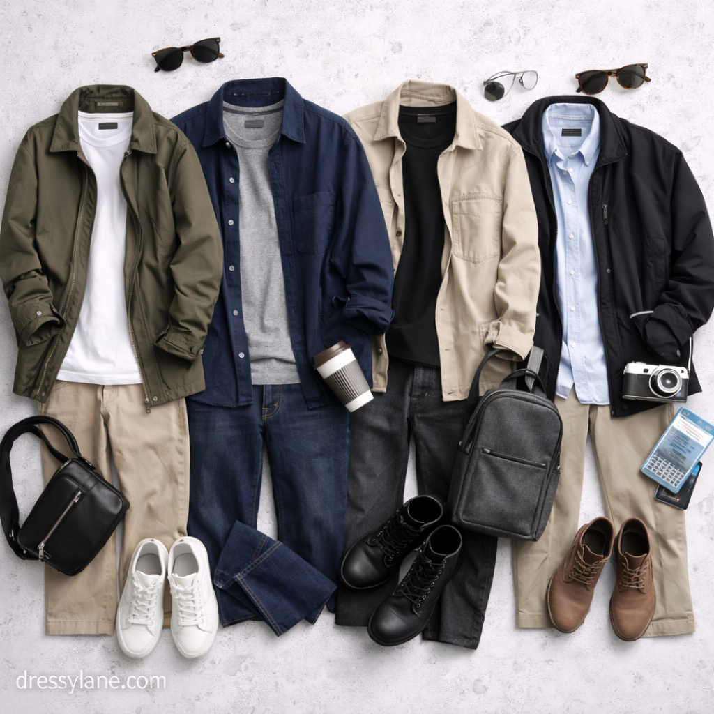 Flat lay of men’s city trip outfits featuring lightweight jackets, button-down shirts, trousers, sneakers, boots, bags, and travel accessories.