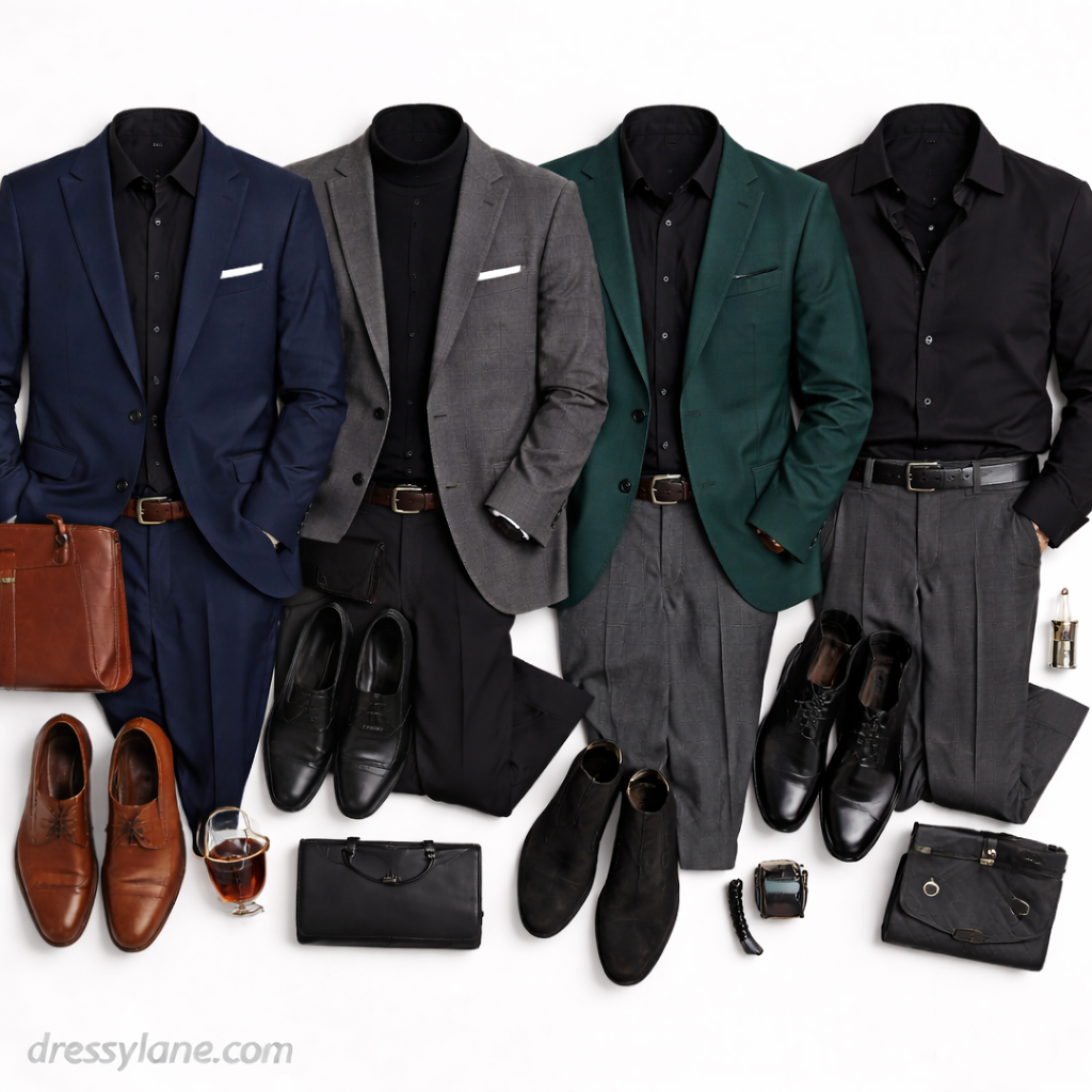 Flat lay of men’s cocktail party outfits featuring blazers, dress shirts, tailored trousers, dress shoes, and refined accessories.