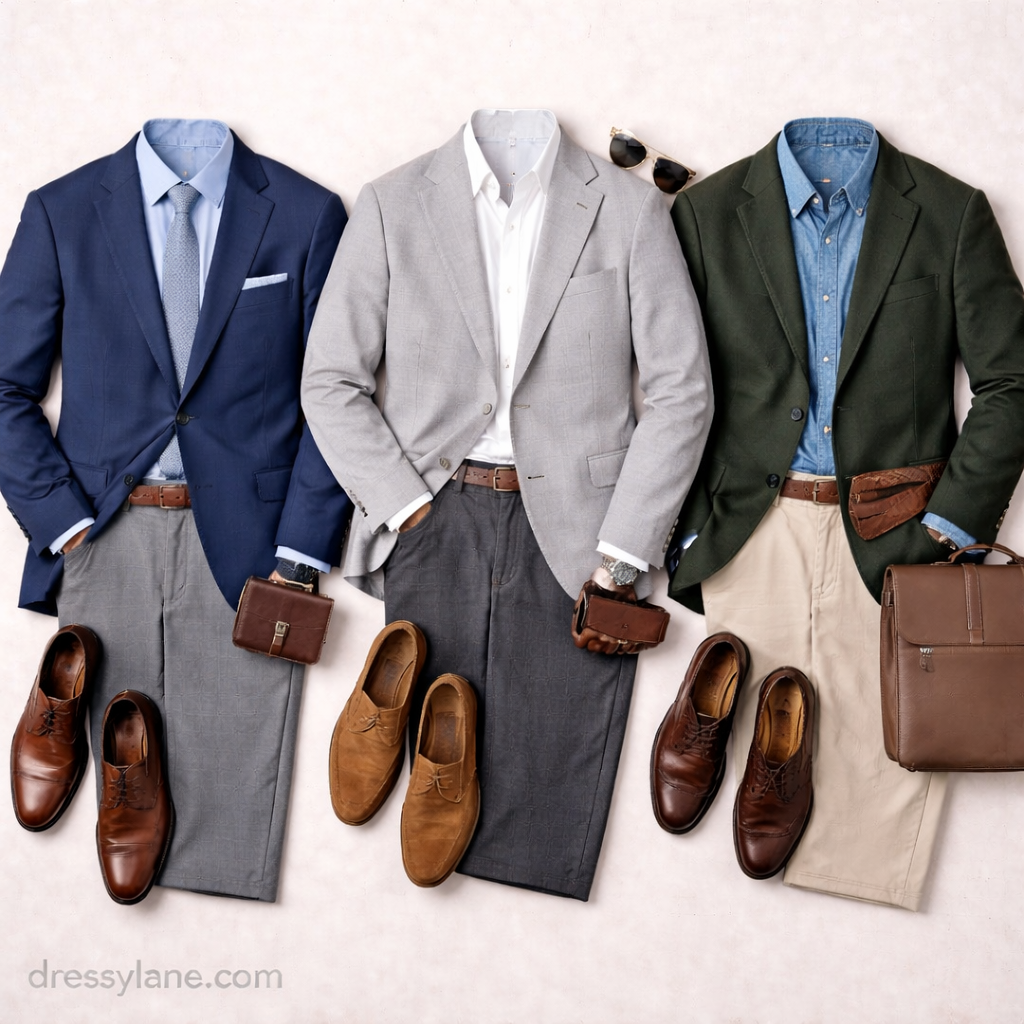 Flat lay of men’s cocktail wedding outfits including tailored suits, sport coats, dress shoes, and refined accessories.