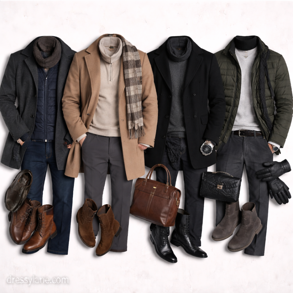 Flat lay of men’s cold weather outfits featuring tailored coats, sweaters, layered jackets, boots, and accessories designed to stay warm without bulk.