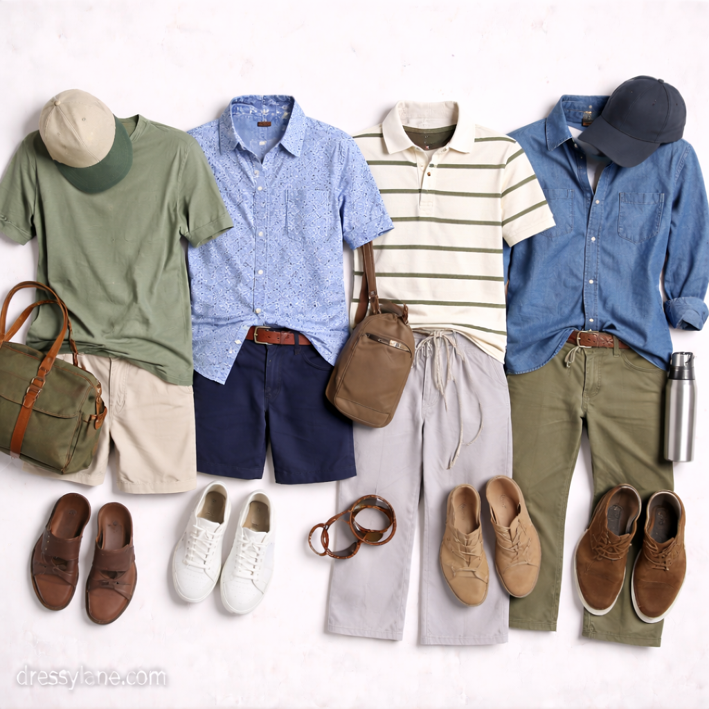 Flat lay of men’s outfits showing coordinated color combinations with shirts, chinos, shorts, shoes, and matching accessories.