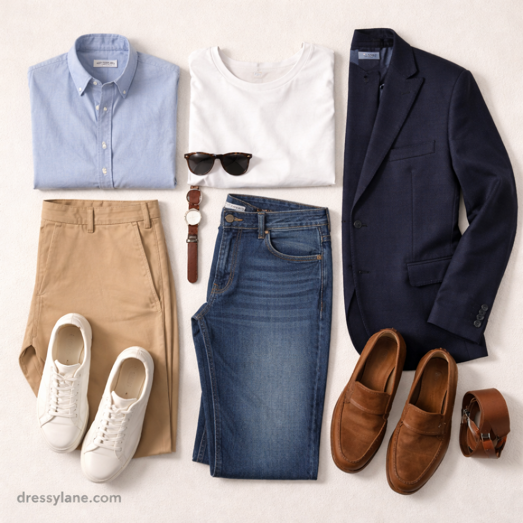 Flat lay of men’s clothing and accessories arranged neatly, featuring modern outfits designed to convey confident everyday style.