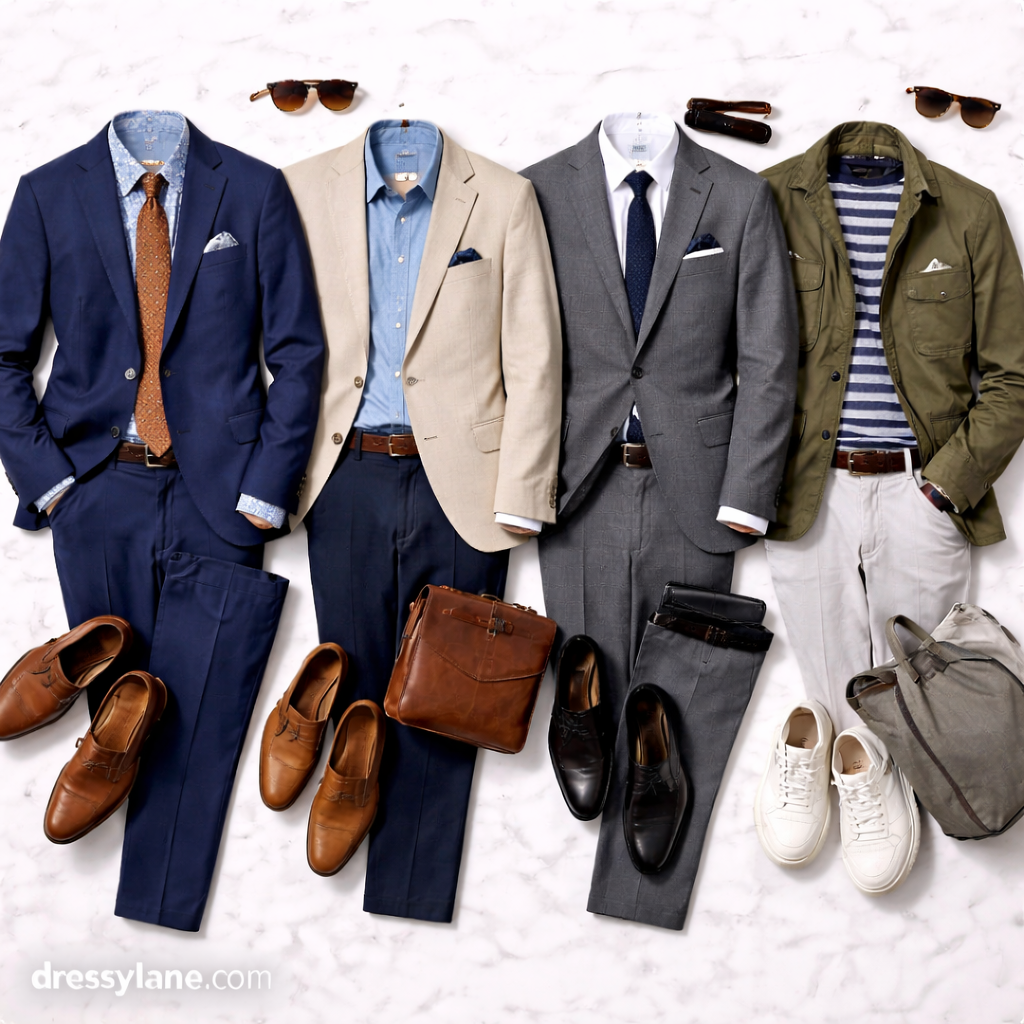 Flat lay of men’s work outfits designed to transition from daytime professional wear to evening-ready styles, including suits, blazers, trousers, shoes, and accessories.