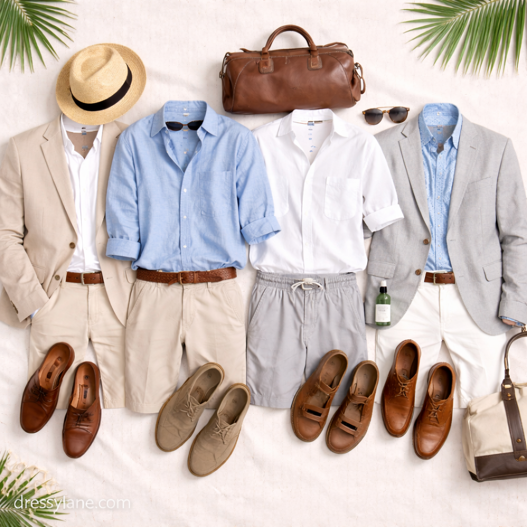 Flat lay of men’s destination wedding outfits featuring linen blazers, lightweight shirts, tailored shorts and trousers, loafers, leather shoes, and coordinated accessories.
