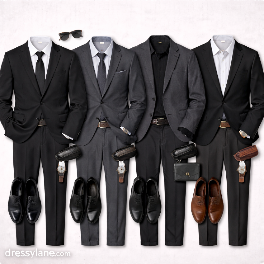 Flat lay of men’s dignified formal outfits featuring dark suits, blazers, dress shirts, trousers, leather shoes, watches, and understated accessories.