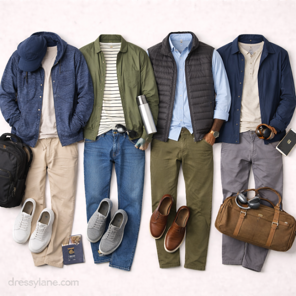 Flat lay of men’s travel outfits featuring layered clothing, full-length pants, jackets, sneakers, bags, and accessories designed for changing time zones.
