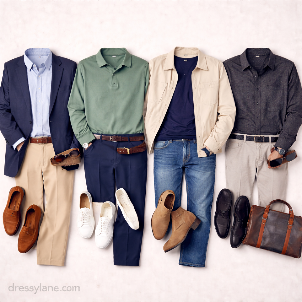 Flat lay of men’s dressy casual outfits featuring blazers, button-down shirts, trousers, shoes, and refined accessories.