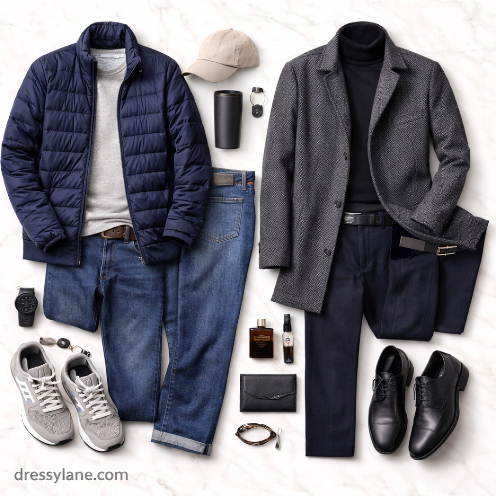 Flat lay of men’s outfits styled for early morning and evening weather, featuring layered daytime clothing and refined evening attire with accessories.