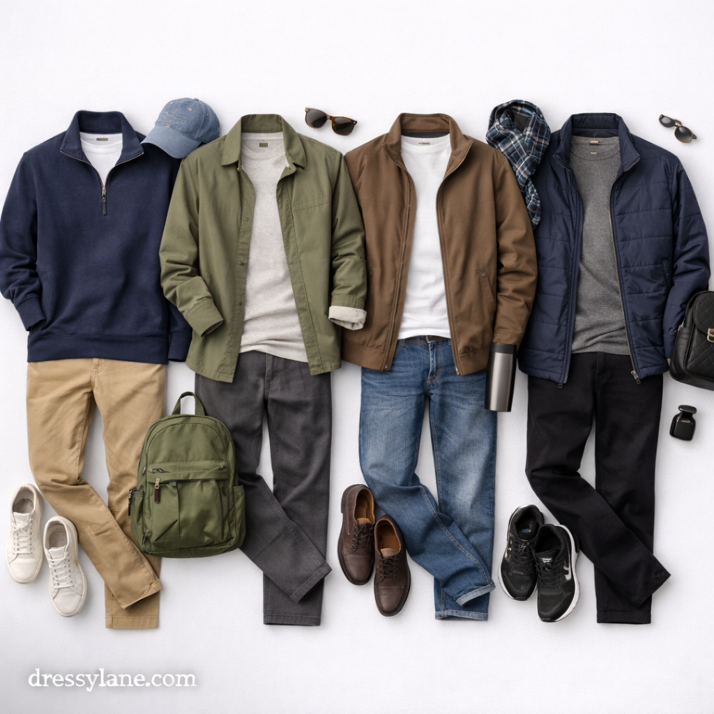 Flat lay of men’s casual and polished outfits featuring layered tops, full-length pants, sneakers, and everyday accessories.