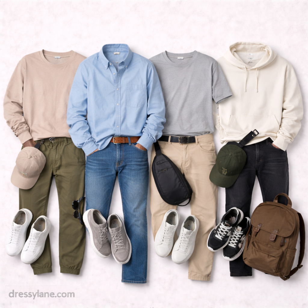 Flat lay of men’s everyday outfits featuring casual tops, full-length pants, sneakers, hats, bags, and simple accessories arranged for daily wear.