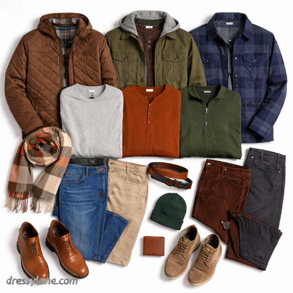 Flat lay of men’s fall outfits featuring jackets, sweaters, flannel shirts, jeans, chinos, boots, scarf, and seasonal accessories.