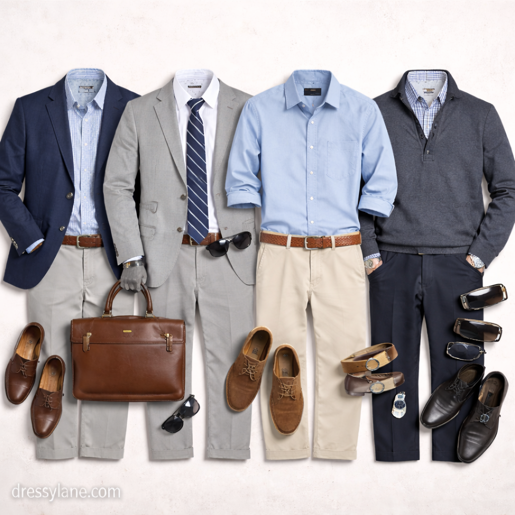 Flat lay of men’s first-day office outfits featuring blazers, dress shirts, trousers, leather shoes, and professional accessories.