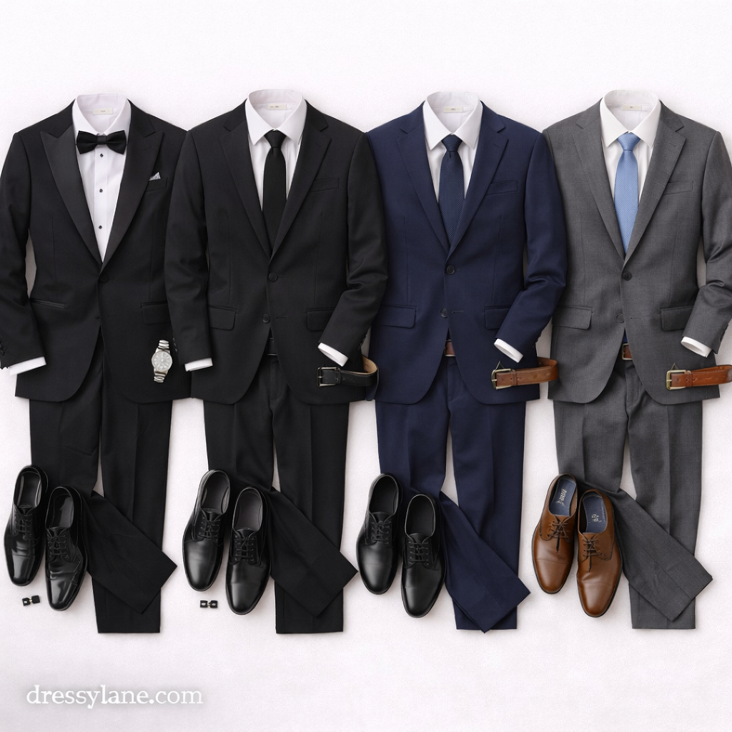 Flat lay of men’s formal dinner outfits featuring tuxedos, tailored suits, dress shirts, leather shoes, and classic accessories.