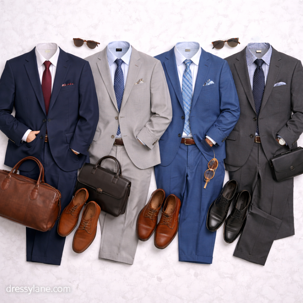 Flat lay of men’s formal office outfits featuring tailored suits, dress shirts, ties, leather shoes, briefcases, and professional accessories.