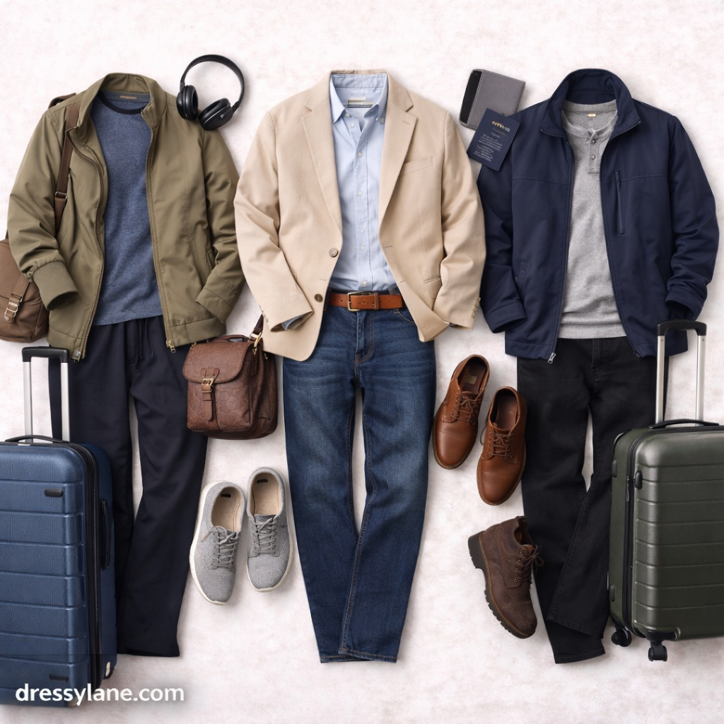 Flat lay of men’s travel outfits featuring layered jackets, casual and business-casual tops, full-length pants, sneakers, leather shoes, bags, and luggage for frequent travel.