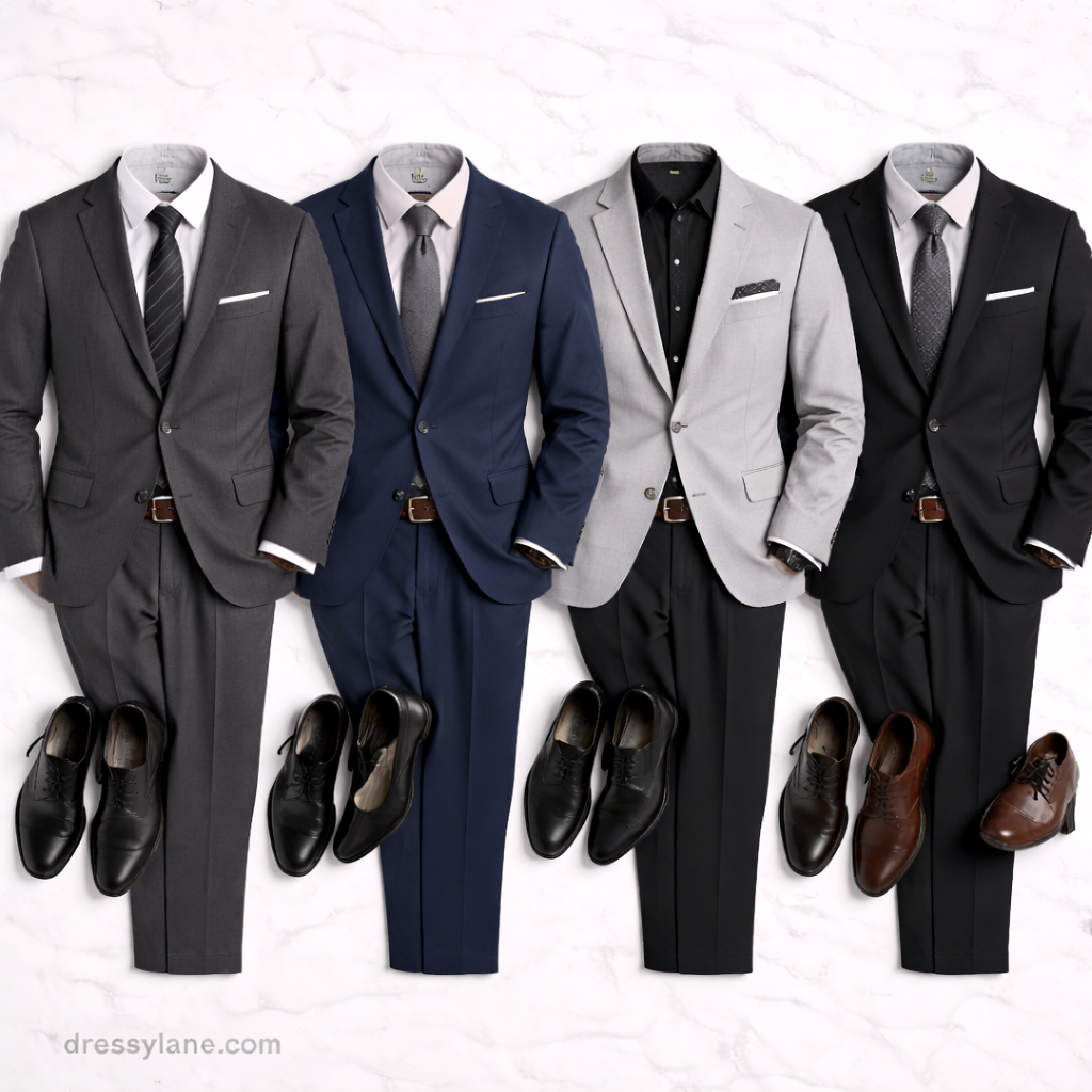Flat lay of men’s funeral attire featuring dark suits, dress shirts, and muted accessories arranged for a respectful look.