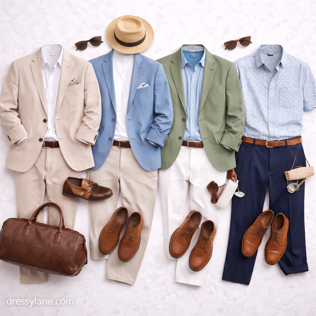 Flat lay of men’s garden wedding guest outfits featuring light suits, blazers, dress shirts, loafers, leather shoes, and coordinating accessories.
