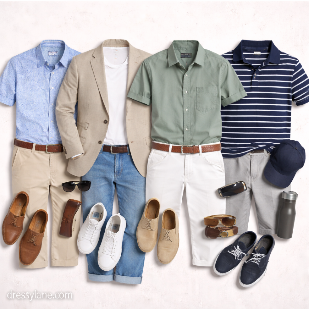 Flat lay of men’s graduation party outfits featuring button-down shirts, blazers, chinos, casual shoes, and coordinated accessories.