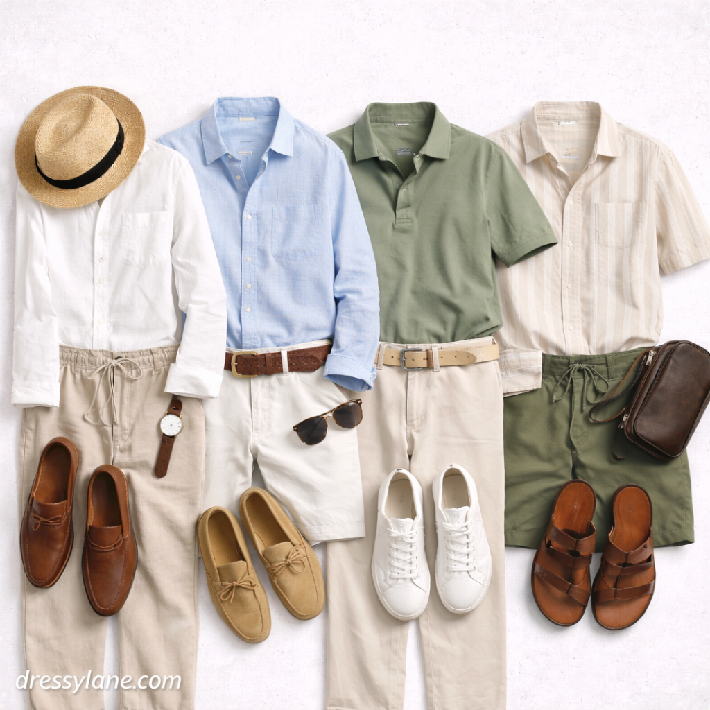 Flat lay of men’s heatwave outfits featuring lightweight shirts, relaxed-fit pants, breathable footwear, sunglasses, belts, and summer accessories.