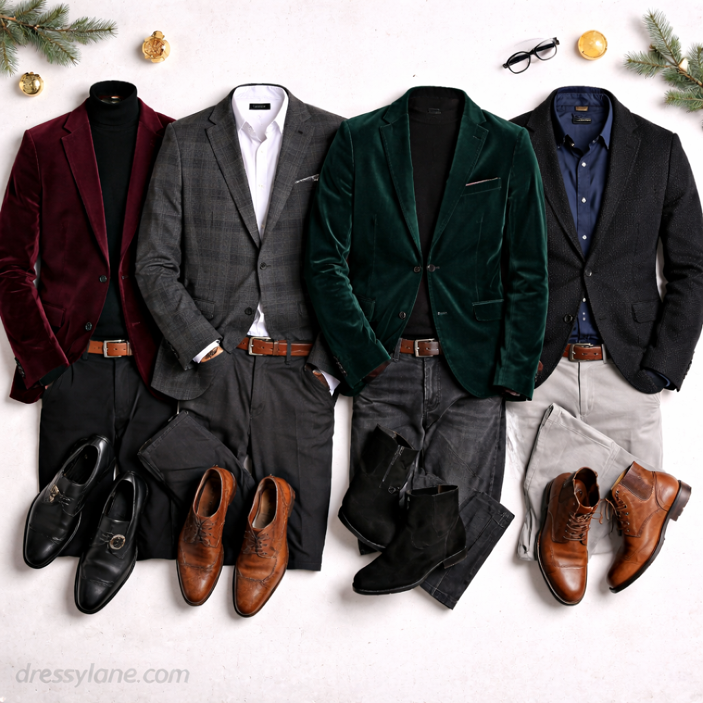 Flat lay of men’s holiday party outfits featuring velvet and tailored blazers, dress shirts, trousers, leather shoes, belts, watches, and festive accessories.
