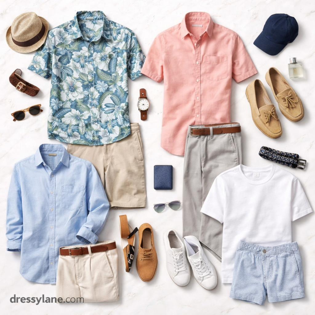 Flat lay of men’s lightweight summer party outfits including shirts, trousers, shoes, and accessories arranged neatly on a bright background.