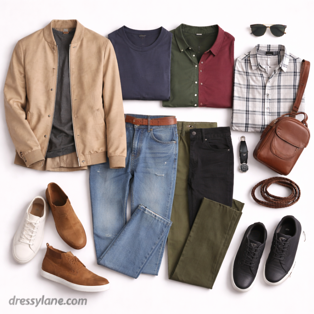 Flat lay of men’s house party outfits featuring jackets, shirts, jeans, chinos, casual shoes, and accessories styled for social gatherings.