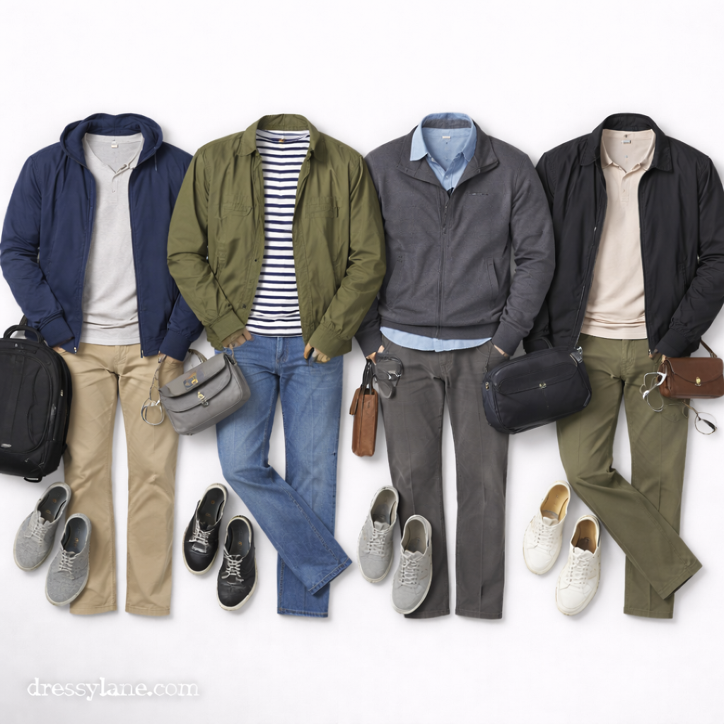 Flat lay of men’s international travel outfits featuring comfortable layers, full-length pants, sneakers, bags, and travel-ready accessories.